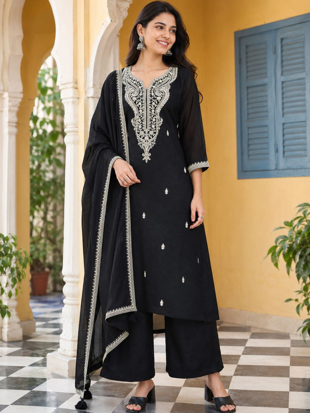 Women Ethnic Motifs Embroidered Regular Thread Work Kurta with Palazzos & With Dupatta