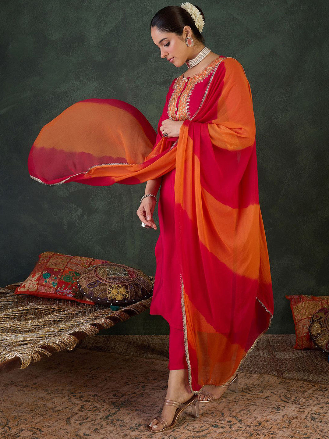 Floral Yoke Design Round Neck Zari Straight Kurta With Trousers & Dupatta