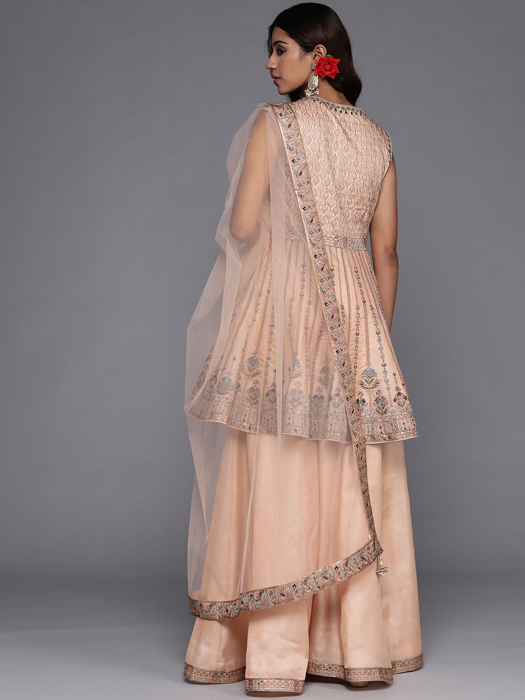 Dhiyona LL Women Peach-Coloured Floral Embroidered Sequinned Pure Silk Kurta with Palazzos & With Dupatta