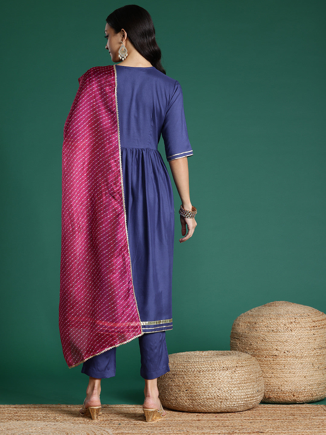 Gotta Patti Detail Empire Kurta Set With Striped Dupatta