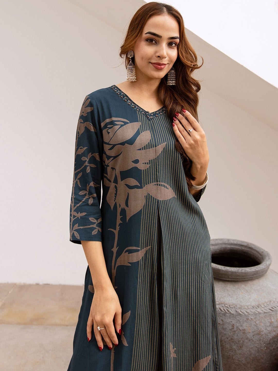 Floral Printed With Embroidered Kurta With Palazzos