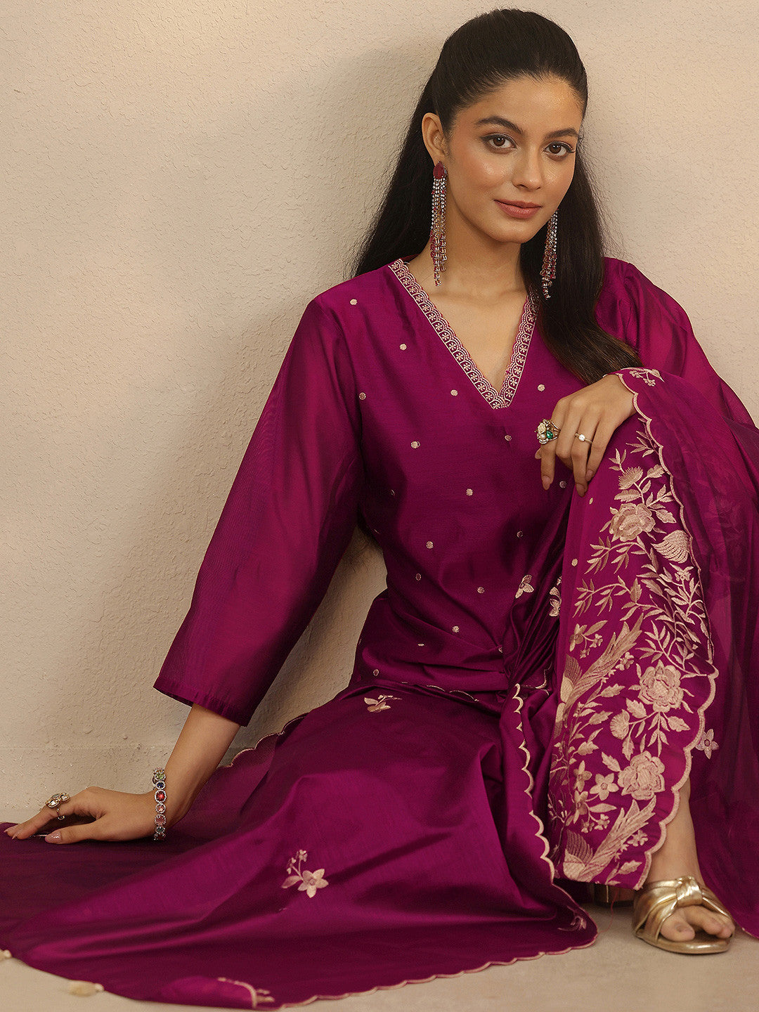 Women Ethnic Motifs Embroidered Regular Thread Work Kurta with Trousers & With Dupatta