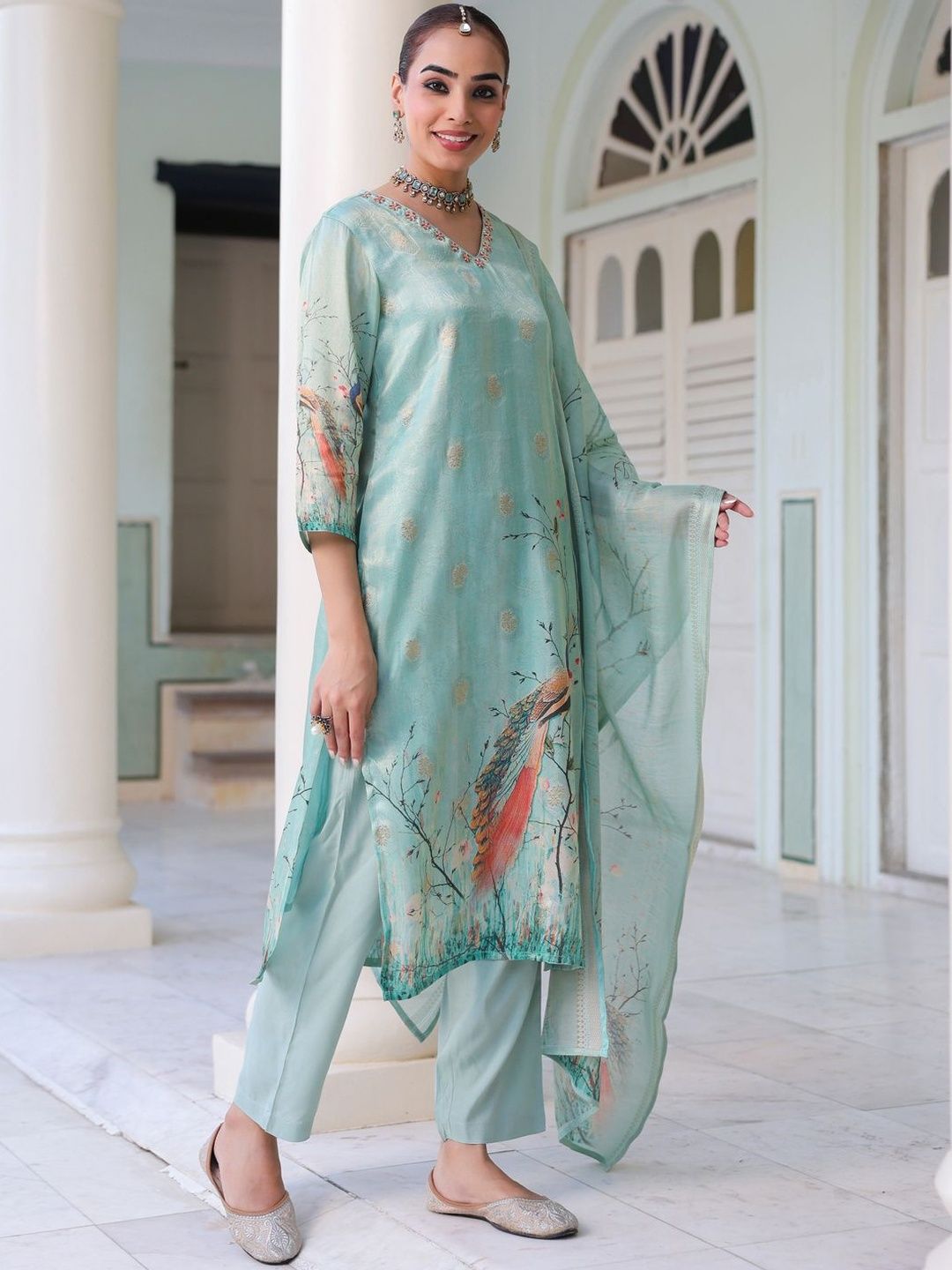 Dhiyona RR Women's Ethnic Motifs Printed Zari Chanderi Cotton Kurta With Trousers & Dupatta