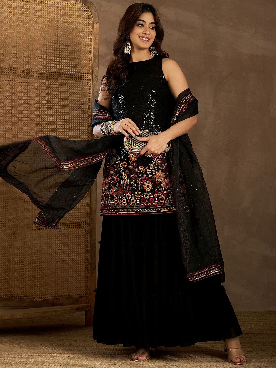 Dhiyona IN Women Floral Embroidered Regular Sequinned Kurta with Sharara & Dupatta