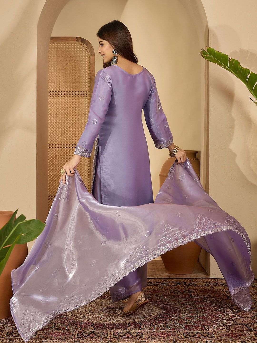 Dhiyona SN Women Floral Embroidered Silk Kurta with Palazzos & Dupatta
