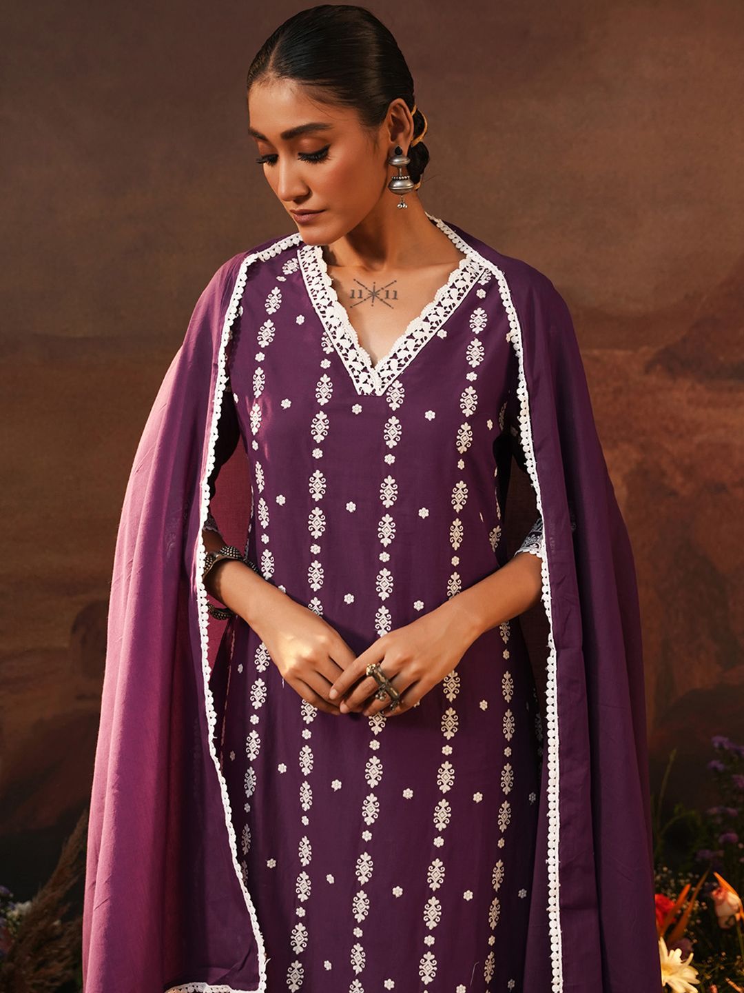 Dhiyona IS Women's Ethnic Motifs Embroidered Thread Work Pure Cotton Kurta With Trousers & Dupatta