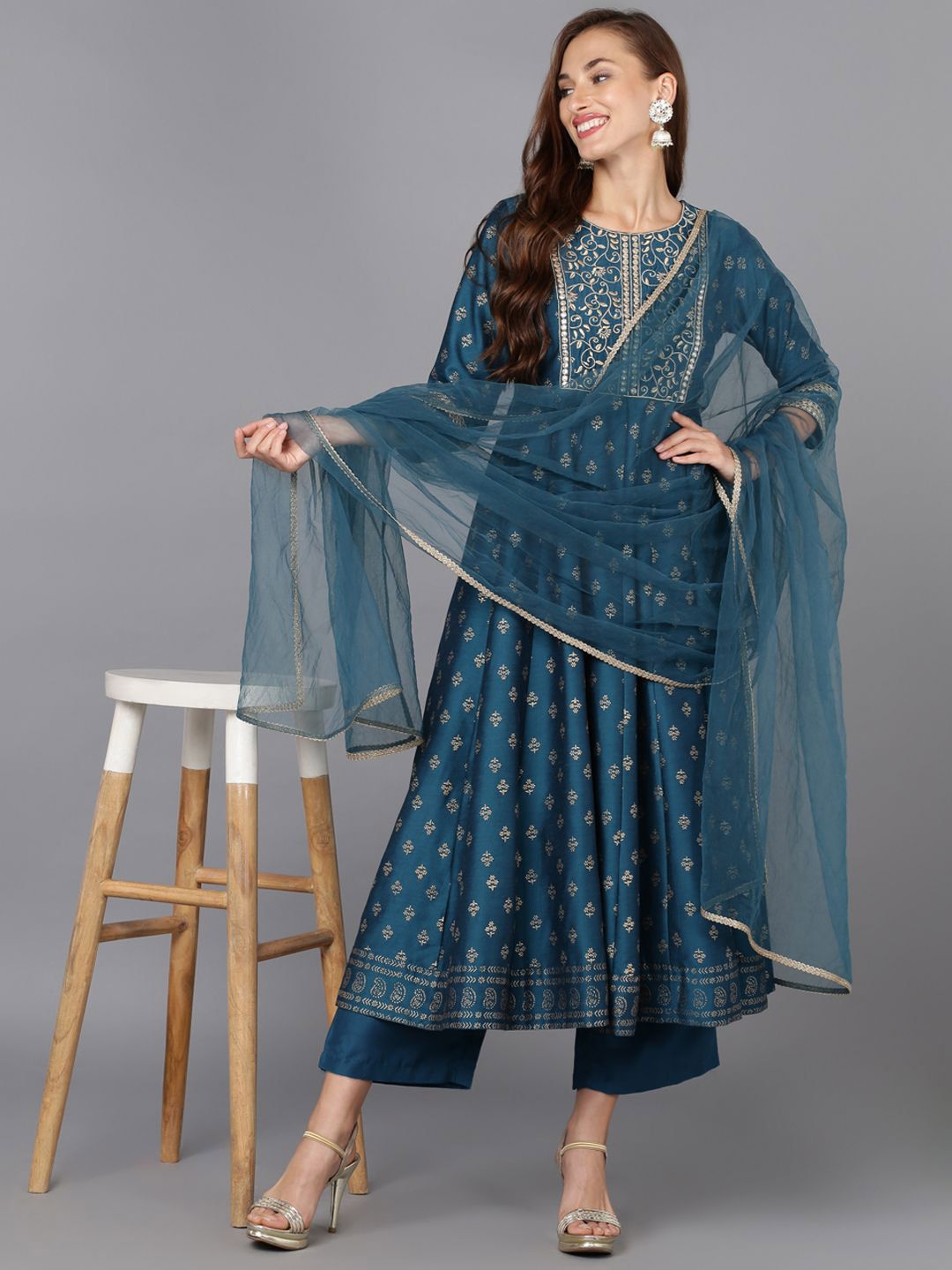 Dhiyona KL Floral Printed Round Neck Zari Anarkali Kurta & Palazzos With Dupatta