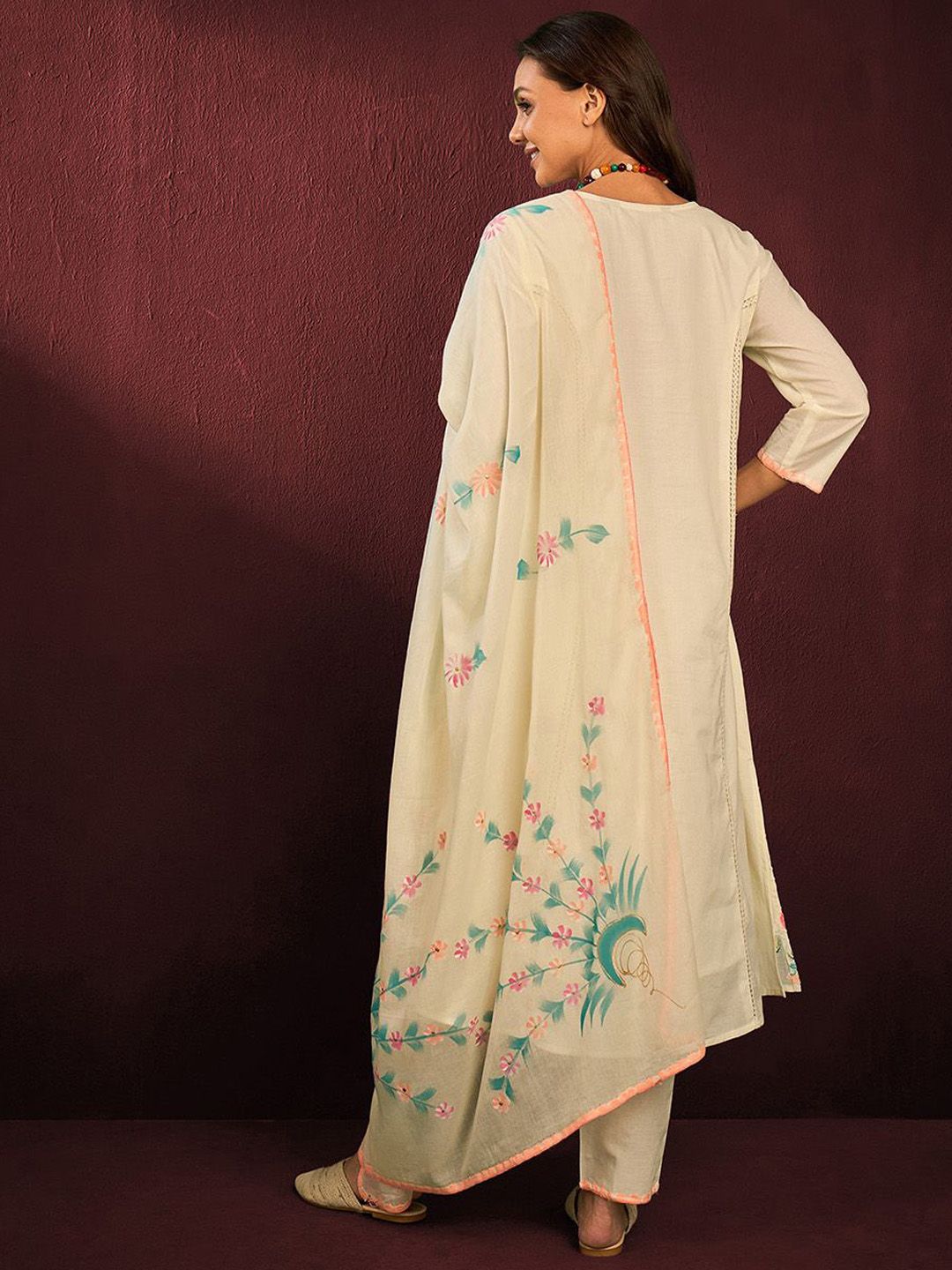 Dhiyona IS Women's Floral Embroidered Straight Pure Cotton Thread Work Kurta with Trousers & Dupatta