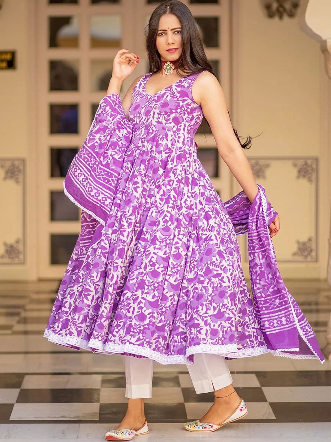 Dhiyona KL Floral Printed Empire Anarkali Kurta with Trousers & Dupatta