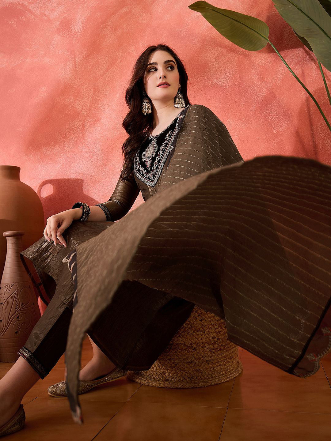 Floral Yoke Design Round Neck Sequinned A-Line Kurta With Trousers & Dupatta
