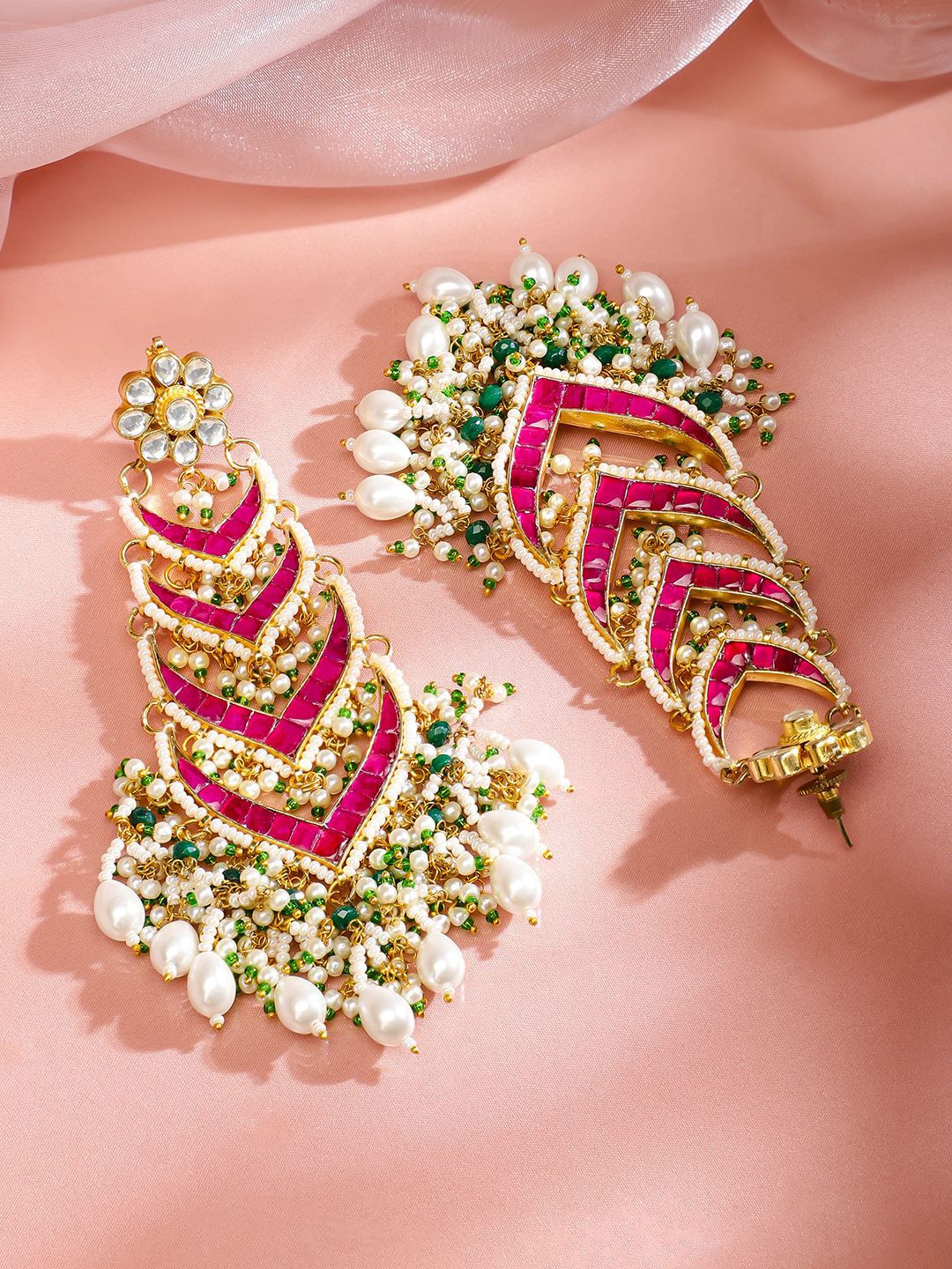 Dhiyona RJ Women's 24K Gold-Plated Ruby Pink Kundan & Green Beaded Handcrafted Shoulder Duster Earring