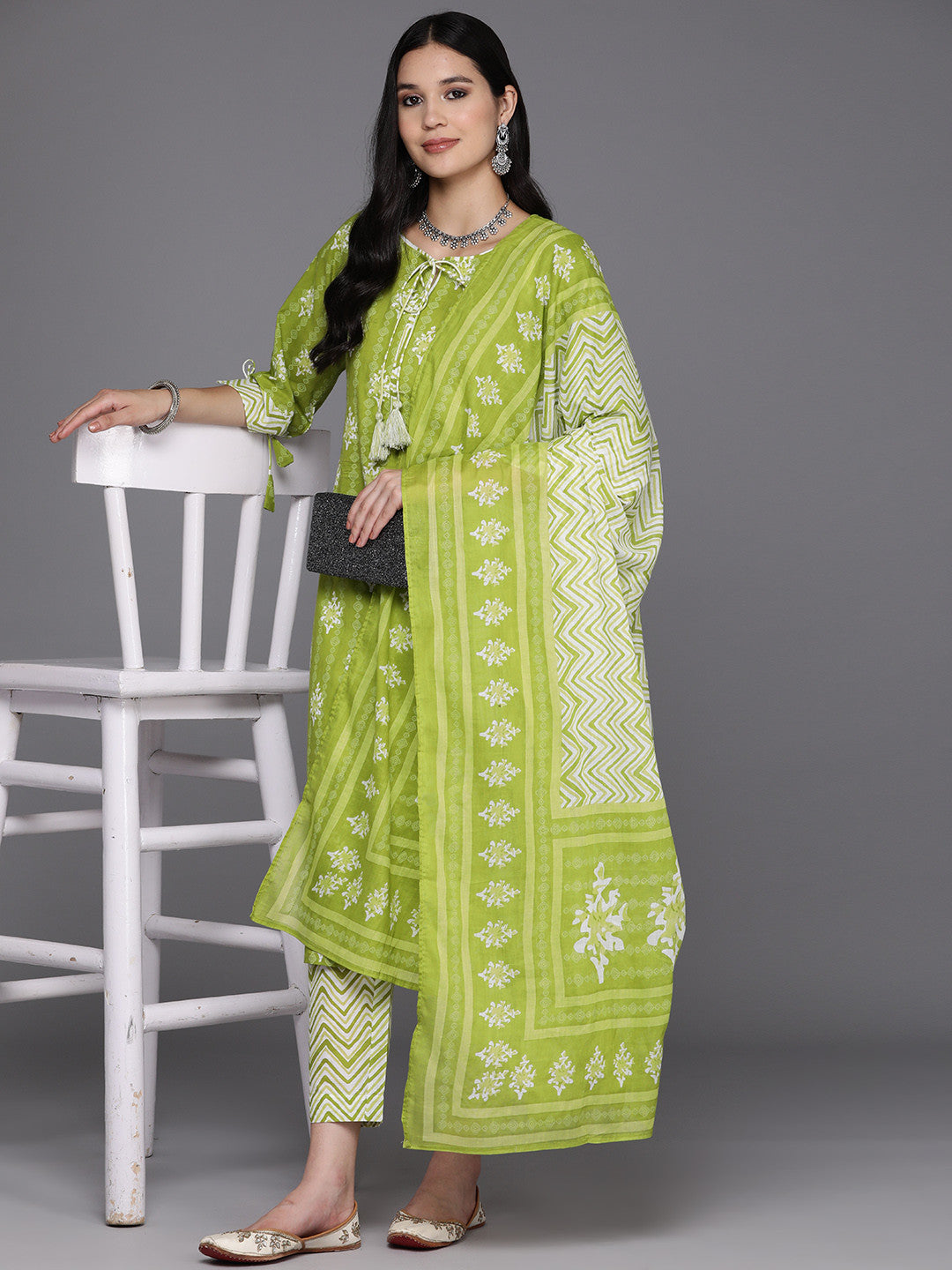 Ethnic Motifs Printed Regular Pure Cotton Kurta With Trousers & Dupatta