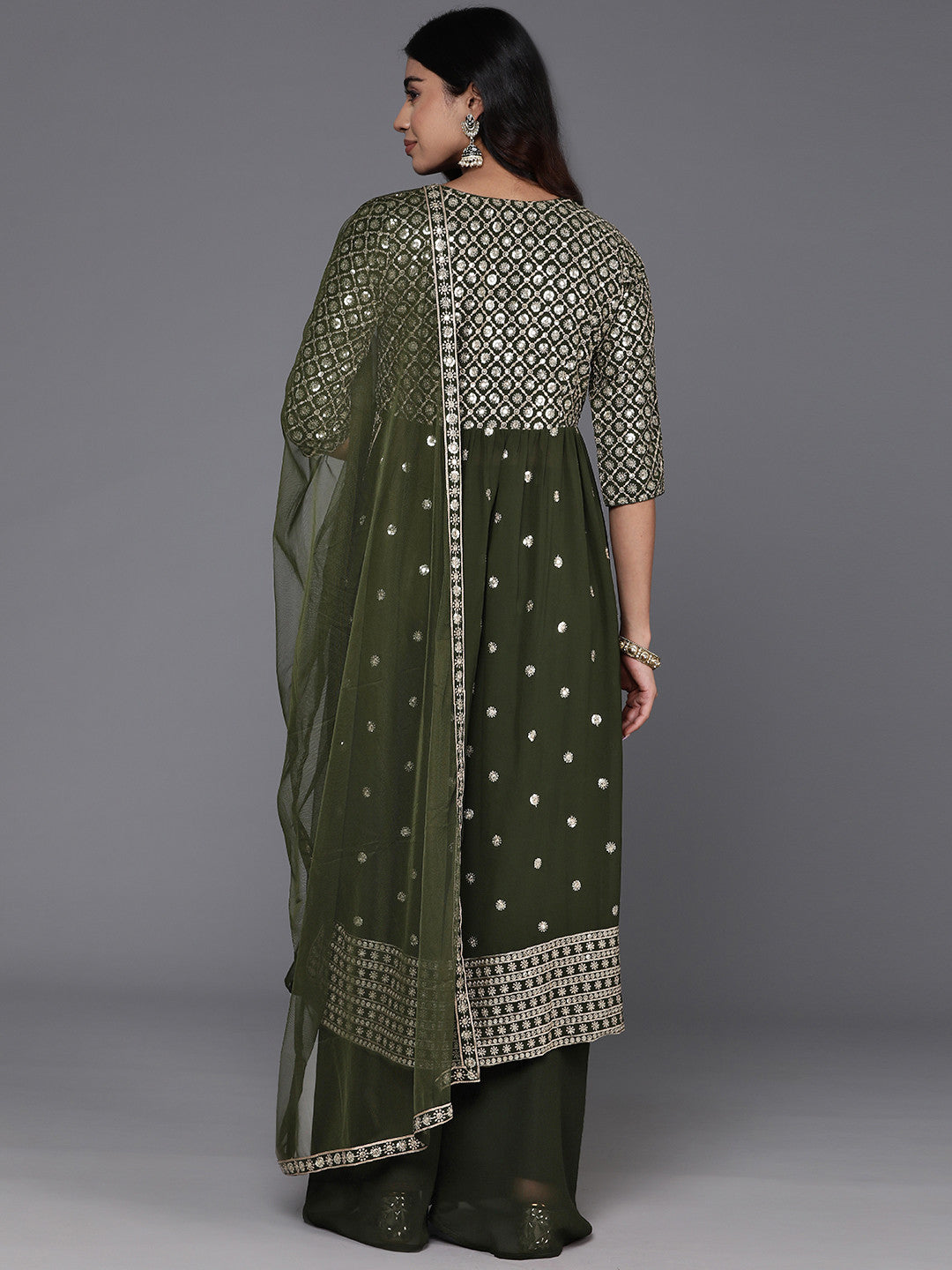 Ethnic Motifs Embroidered High Slit Sequinned Kurta with Palazzos & Dupatta