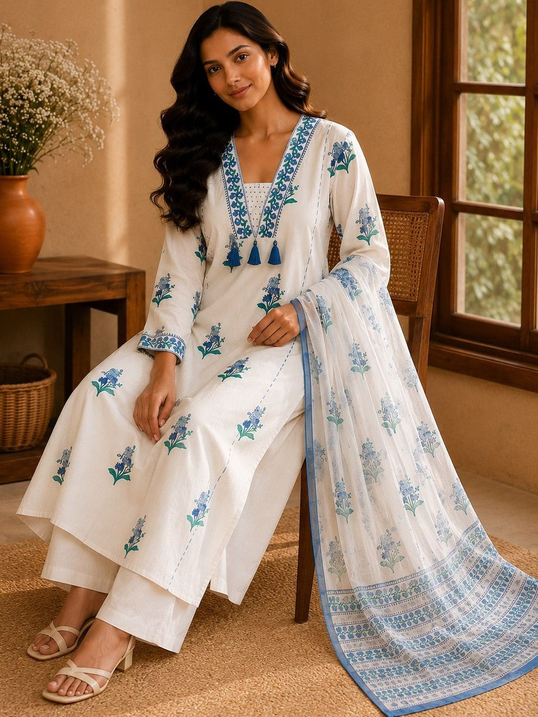 Women Floral Printed Regular Pure Cotton Kurta with Trousers & With Dupatta