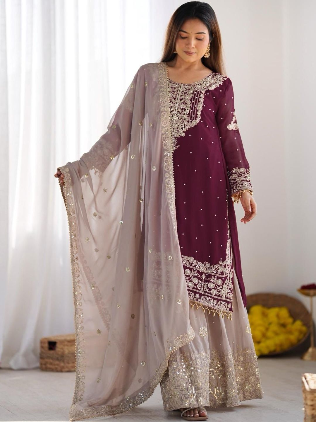 Dhiyona KL Women Ethnic Motifs Embroidered Regular Beads and Stones Kurta with Sharara & With Dupatta