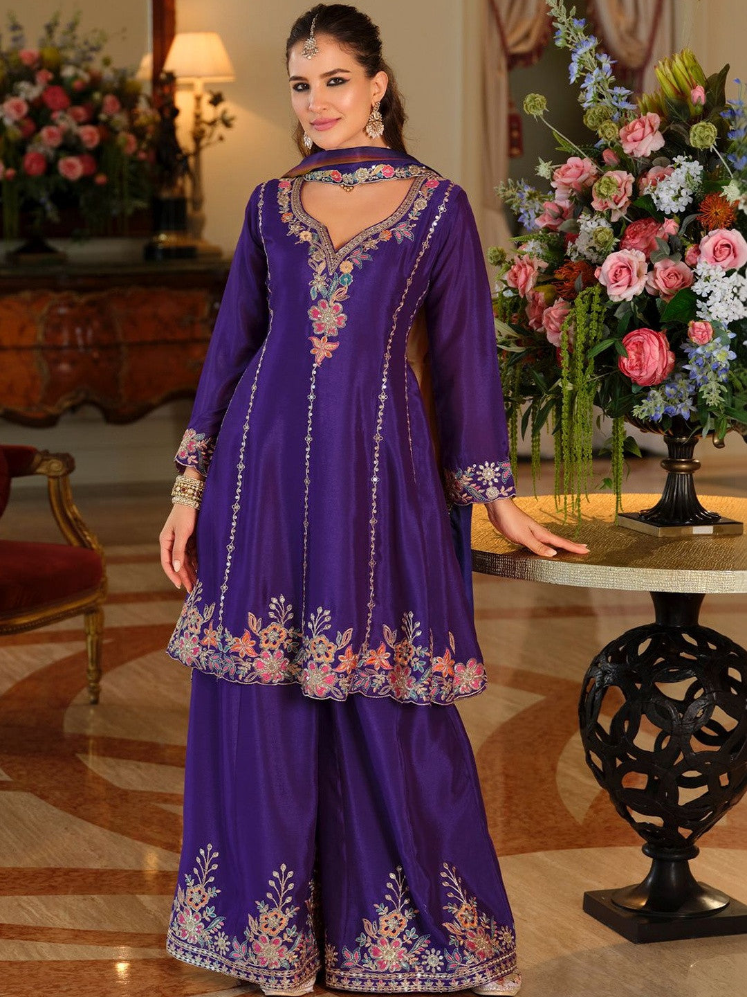 Women Ethnic Motifs Embroidered Regular Thread Work Kurta with Palazzos & With Dupatta