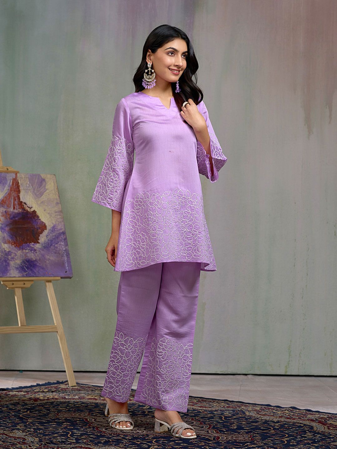 Dhiyona CH Women Floral Embroidered Sequined A-Line Kurta With Trousers