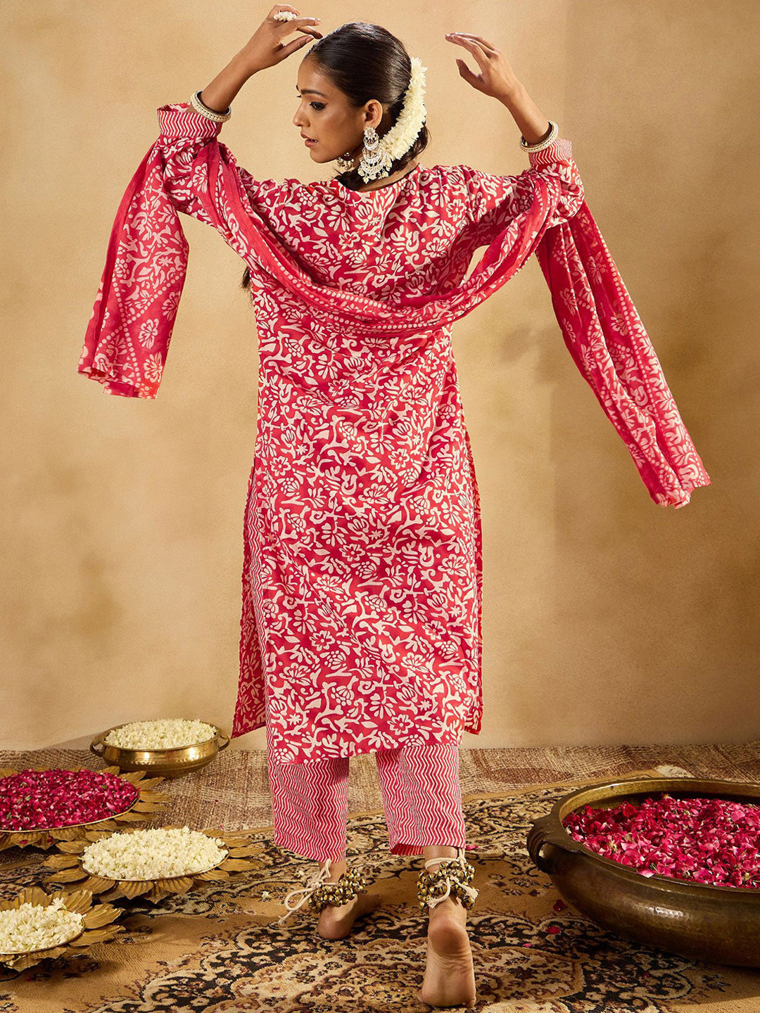 Floral Printed Straight Thread Work Kurta with Trousers & Dupatta