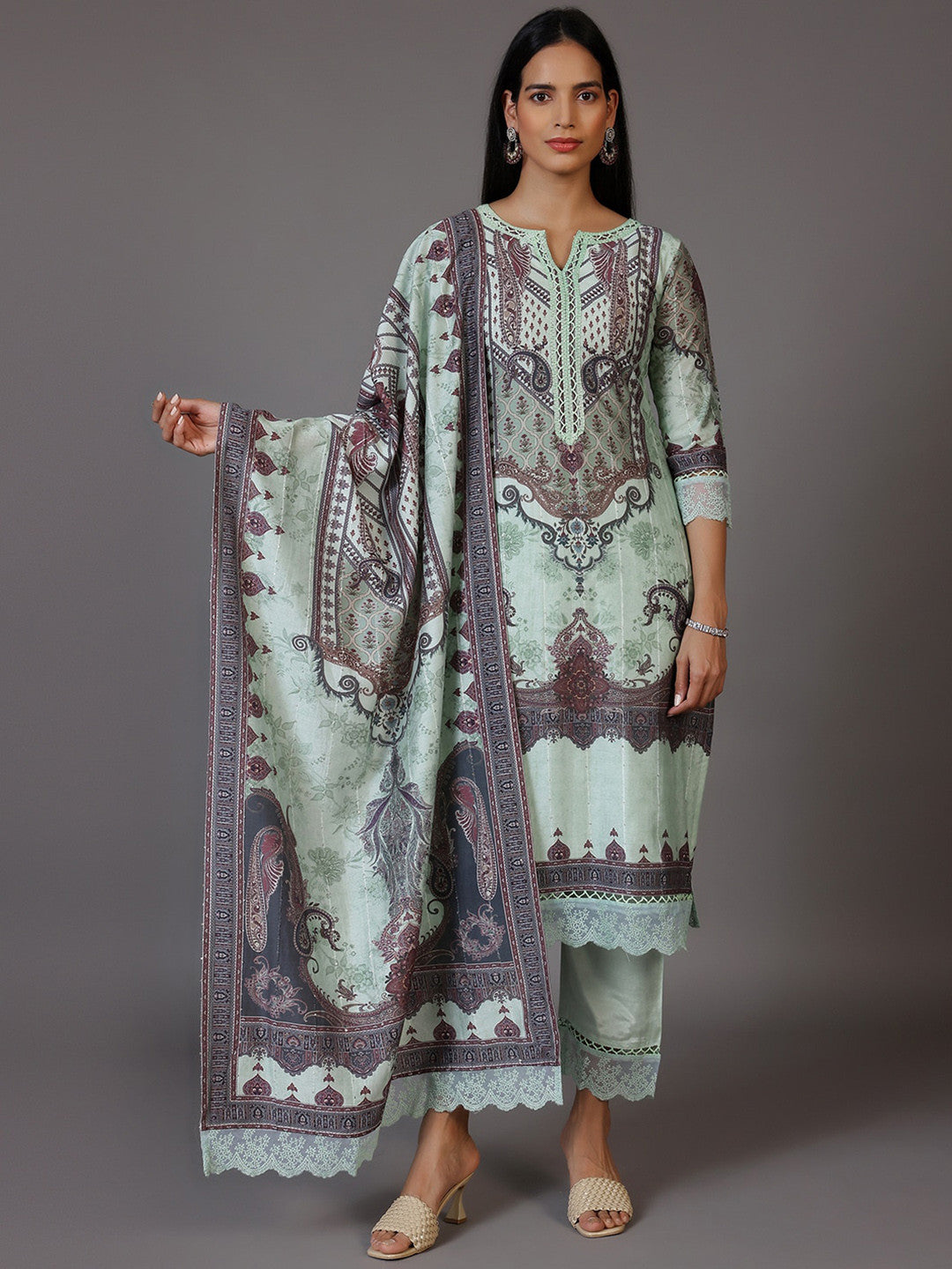 Green Ethnic Motifs Printed Flared Sequinned Straight Kurta With Trousers & Dupatta