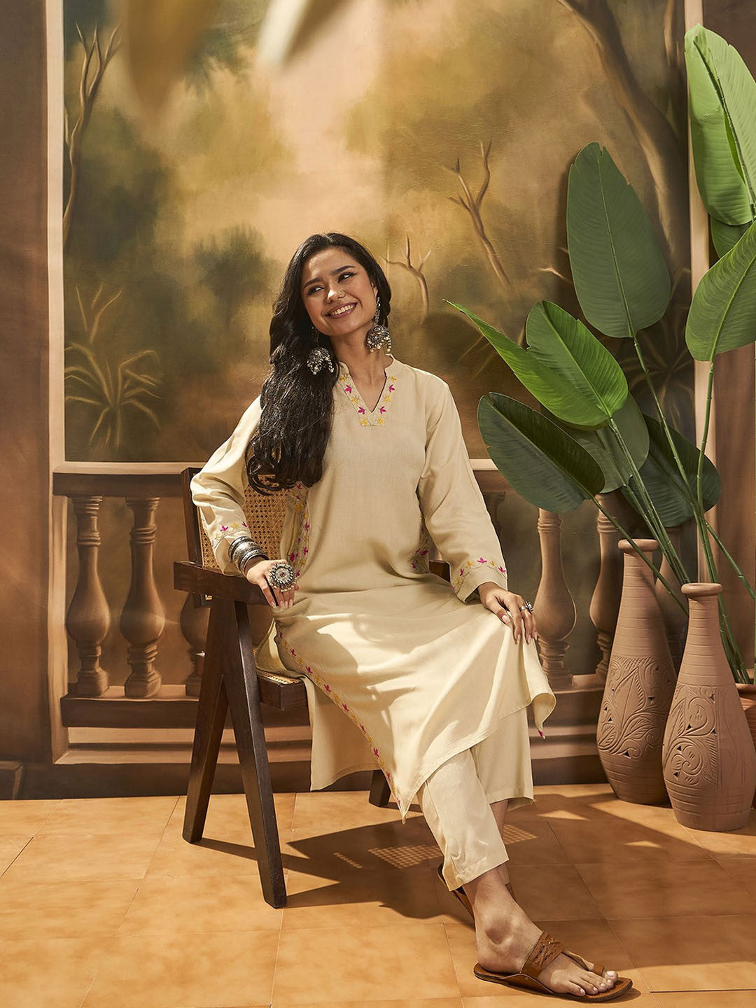 Mandarin Collar Thread Work Straight Kurta With Trouser
