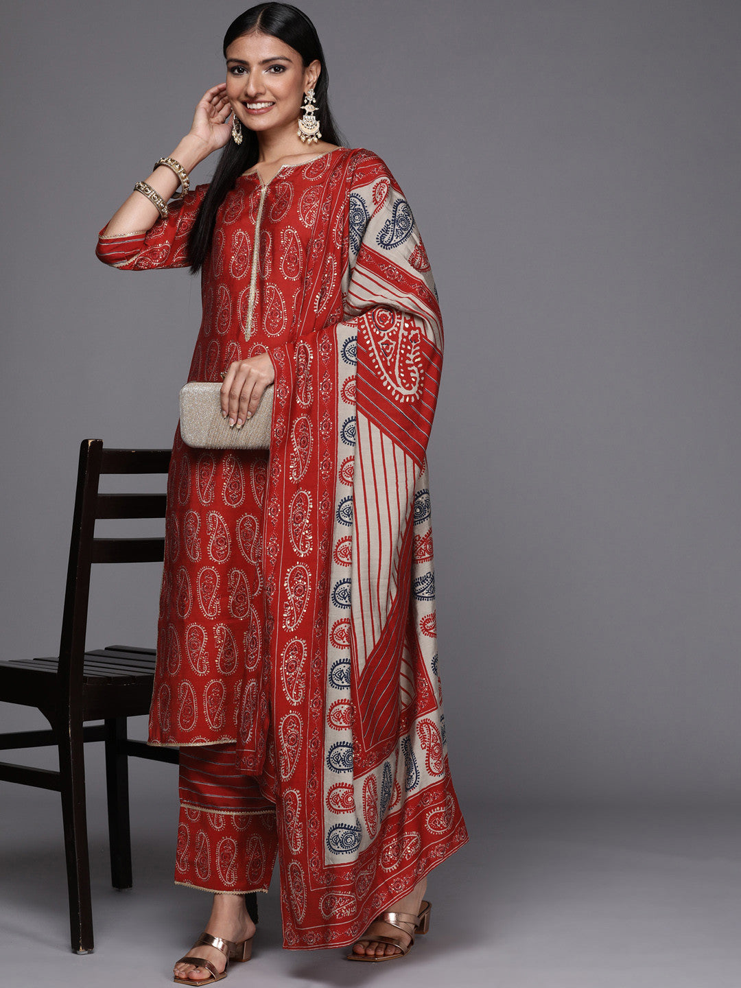 Women Red Paisley Printed Gotta Patti Kurta with Trousers & With Dupatta