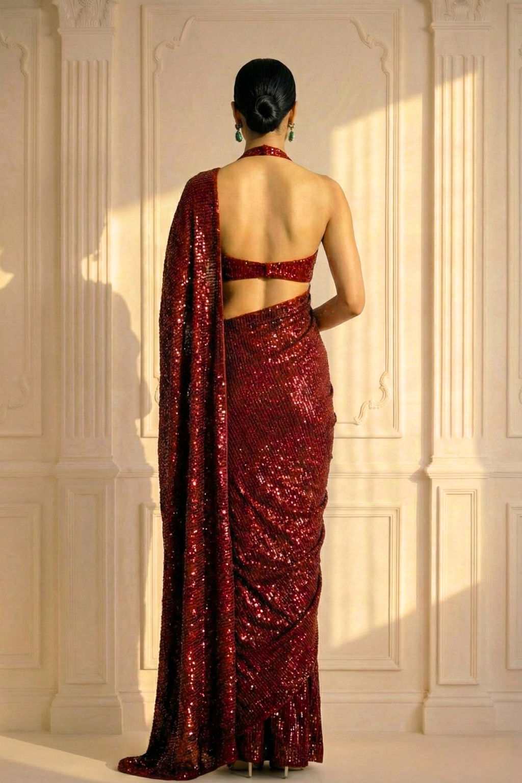 Dhiyona ST Diva Maroon Knitted Sequin Saree with Blouse Fabric