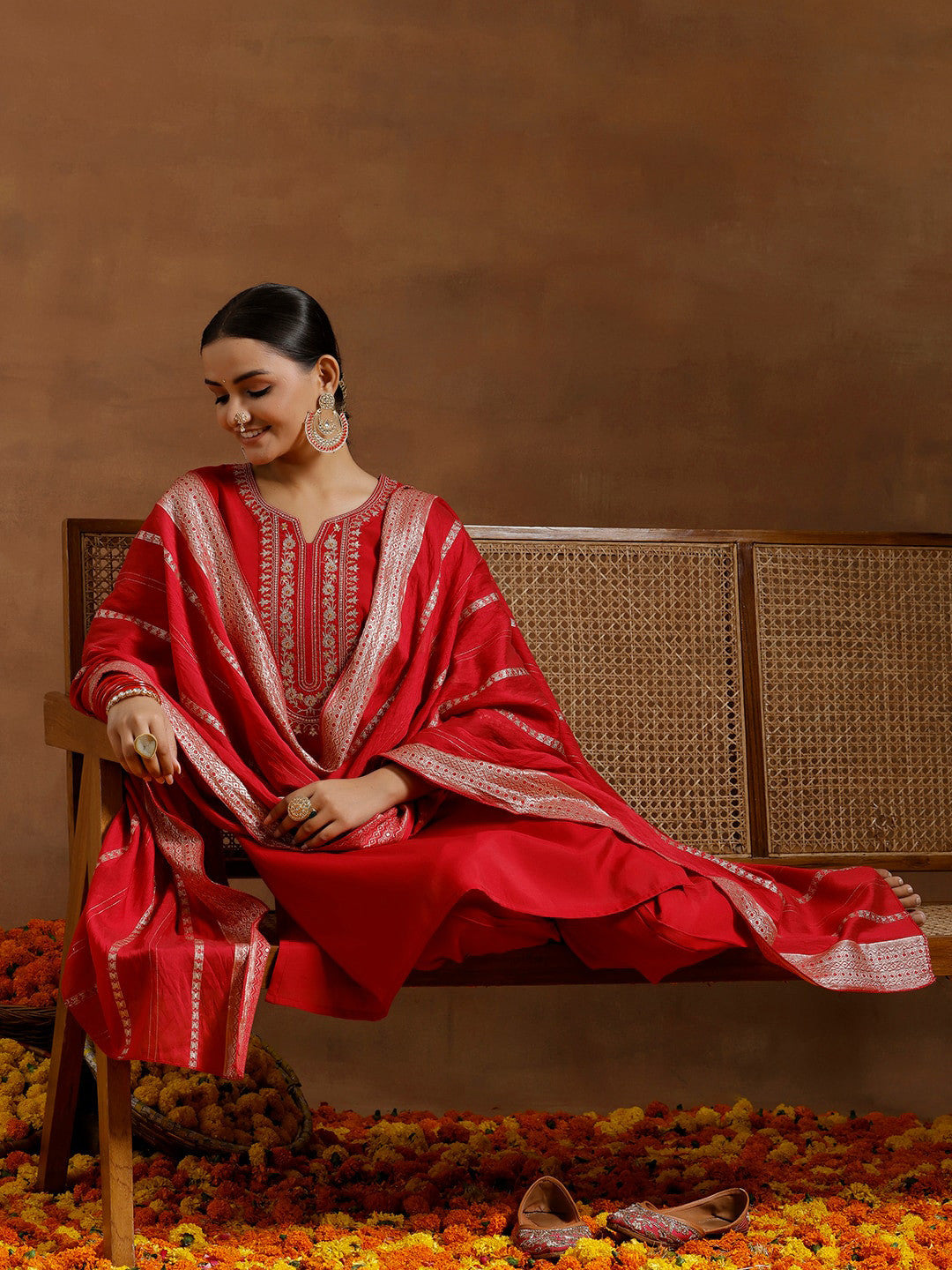 Floral Yoke Design Regular Sequinned Kurta With Salwar & Dupatta