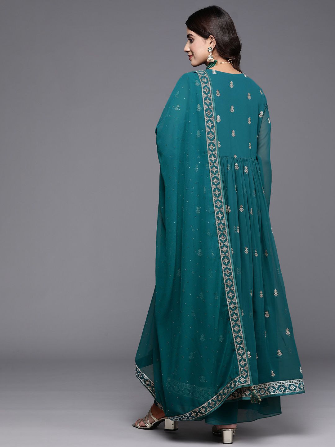 Dhiyona LL Floral Embroidered High Slit Sequinned Kurta with Palazzos & Dupatta