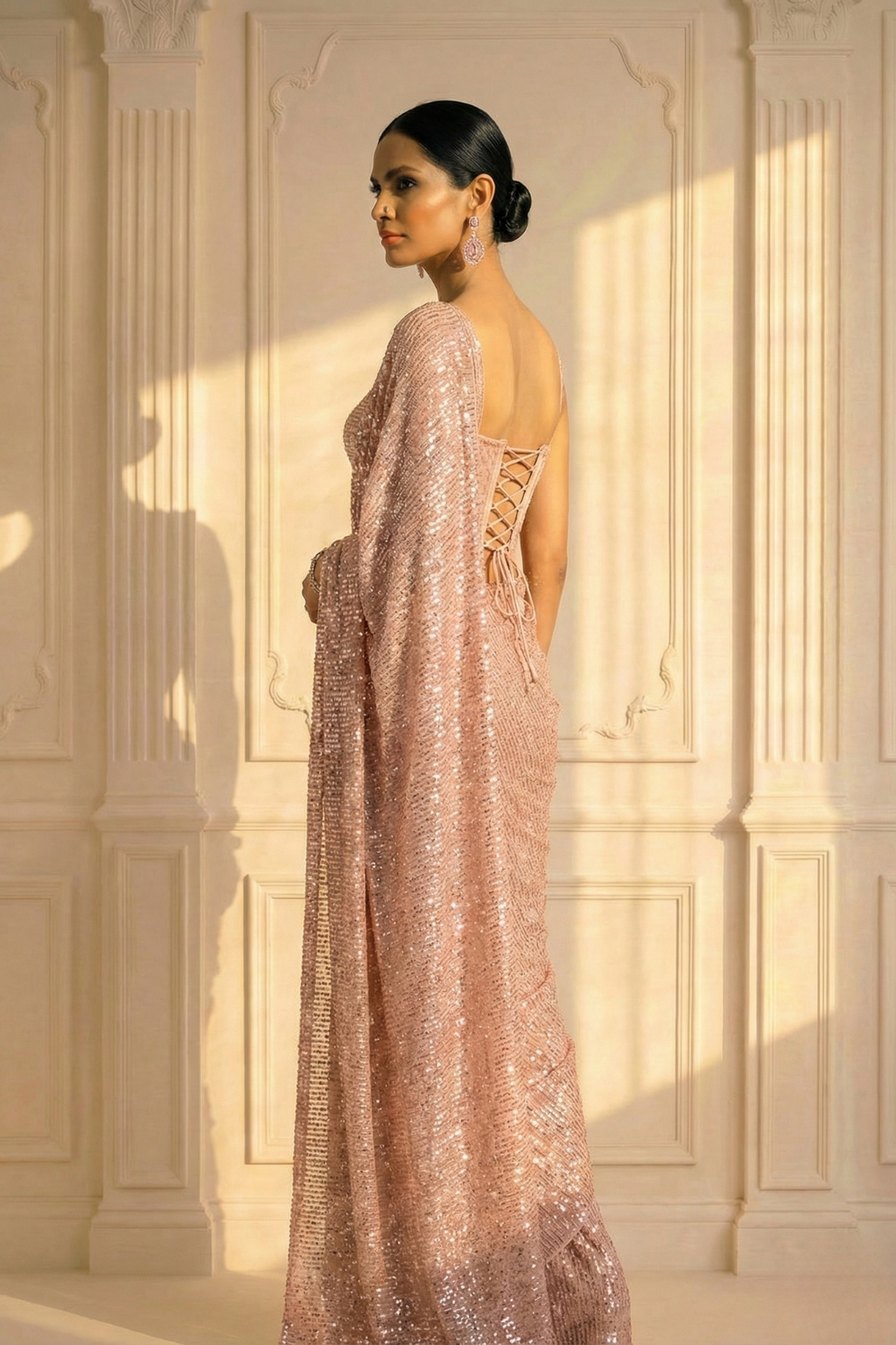 Dhiyona ST Blush Cream Knitted Sequin Saree with Blouse Fabric