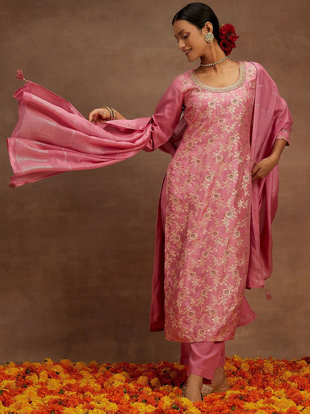 Ethnic Motifs Woven Design Regular Kurta with Trousers & Dupatta