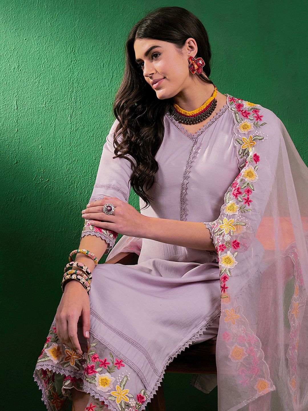 Dhiyona SN Floral Embroidered Schiffli Lace Detail Kurta With Palazzo & Dupatta