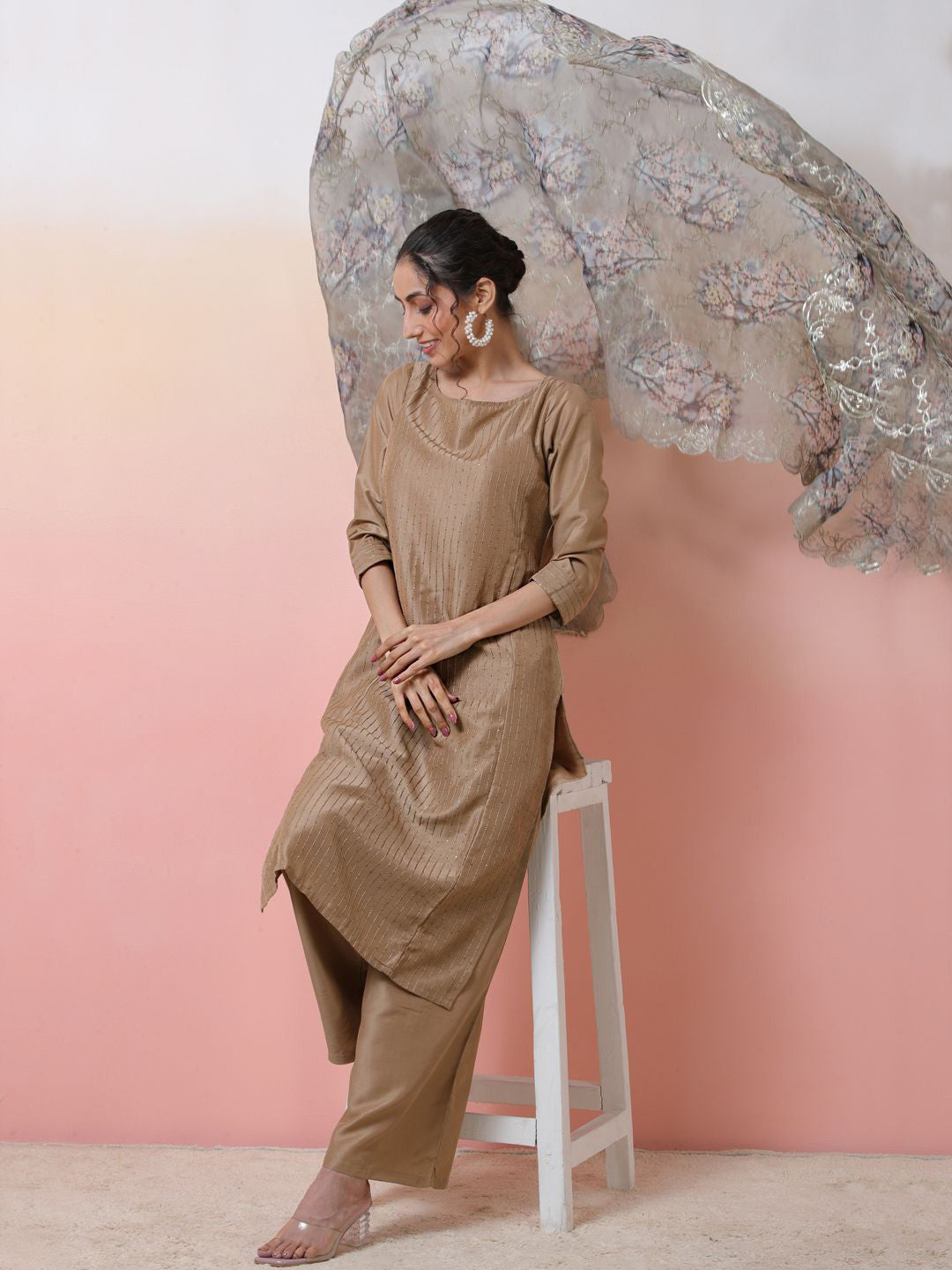 Striped Embroidered Boat Neck Sequinned Straight Kurta With Palazzo & Dupatta