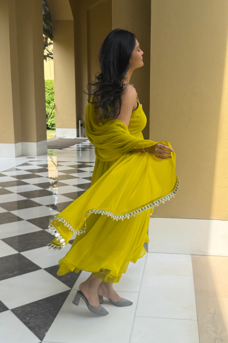 Dhiyona ST 3 pc Suit Set -Lime Green Mirror Edge Georgette Sleeveless Anarkali with Dupatta and Pants
