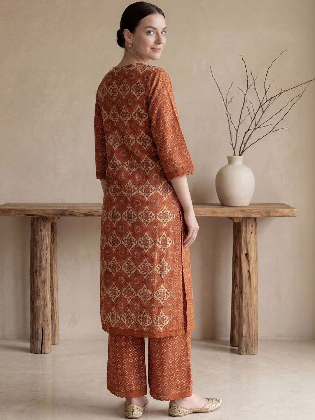 Women Printed Panelled Pure Cotton Kurta with Palazzos