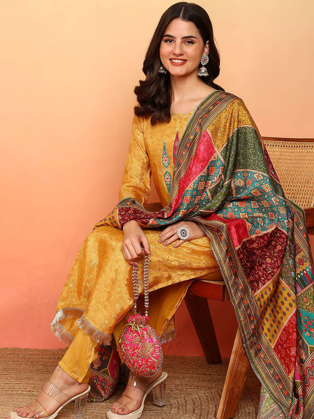 Floral Woven Design Round Neck Tissue Straight Kurta With Trousers & Dupatta