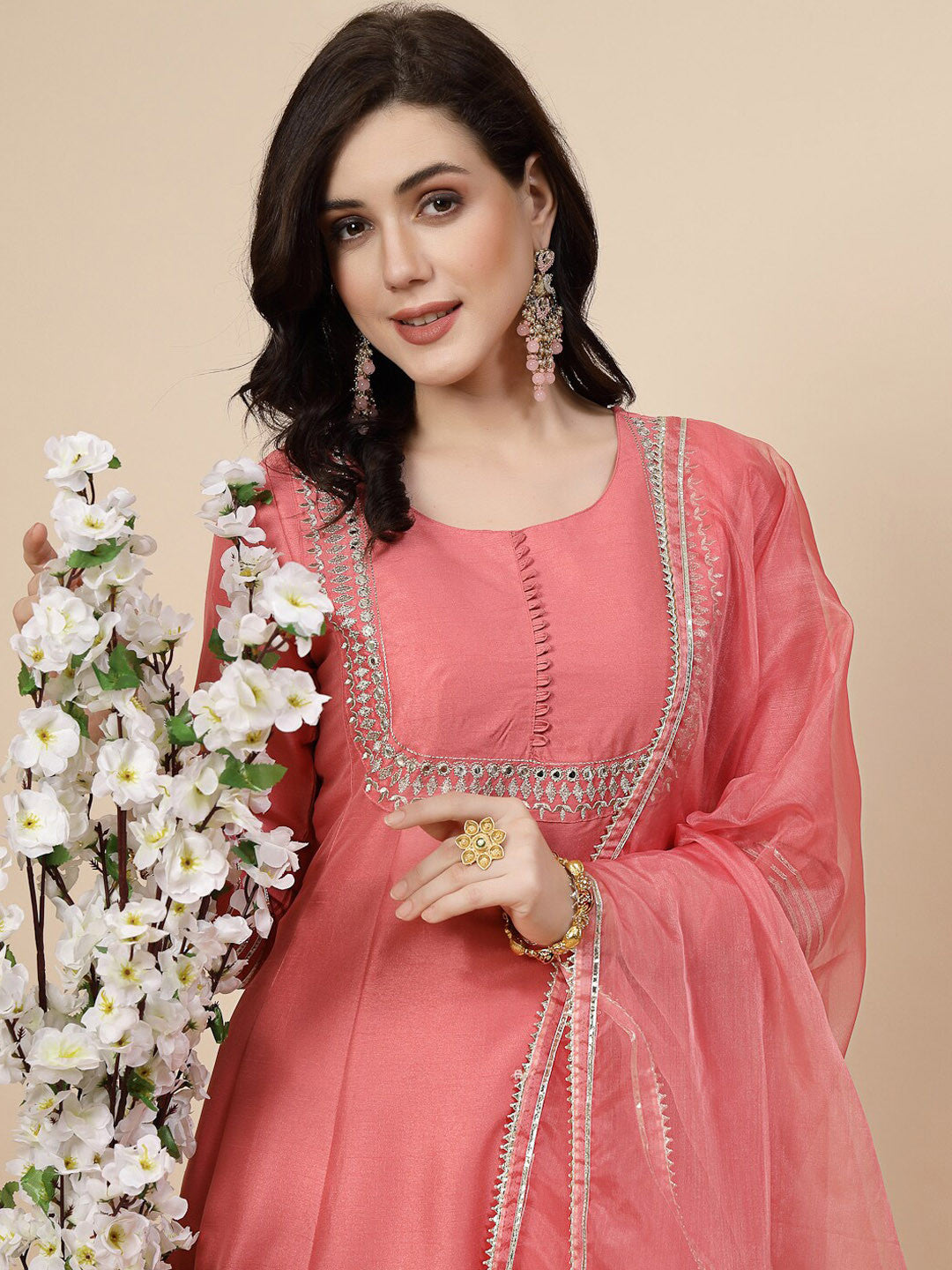 Peach-Coloured Mirror Work Embroidered Anarkali Kurta & Trousers With Dupatta