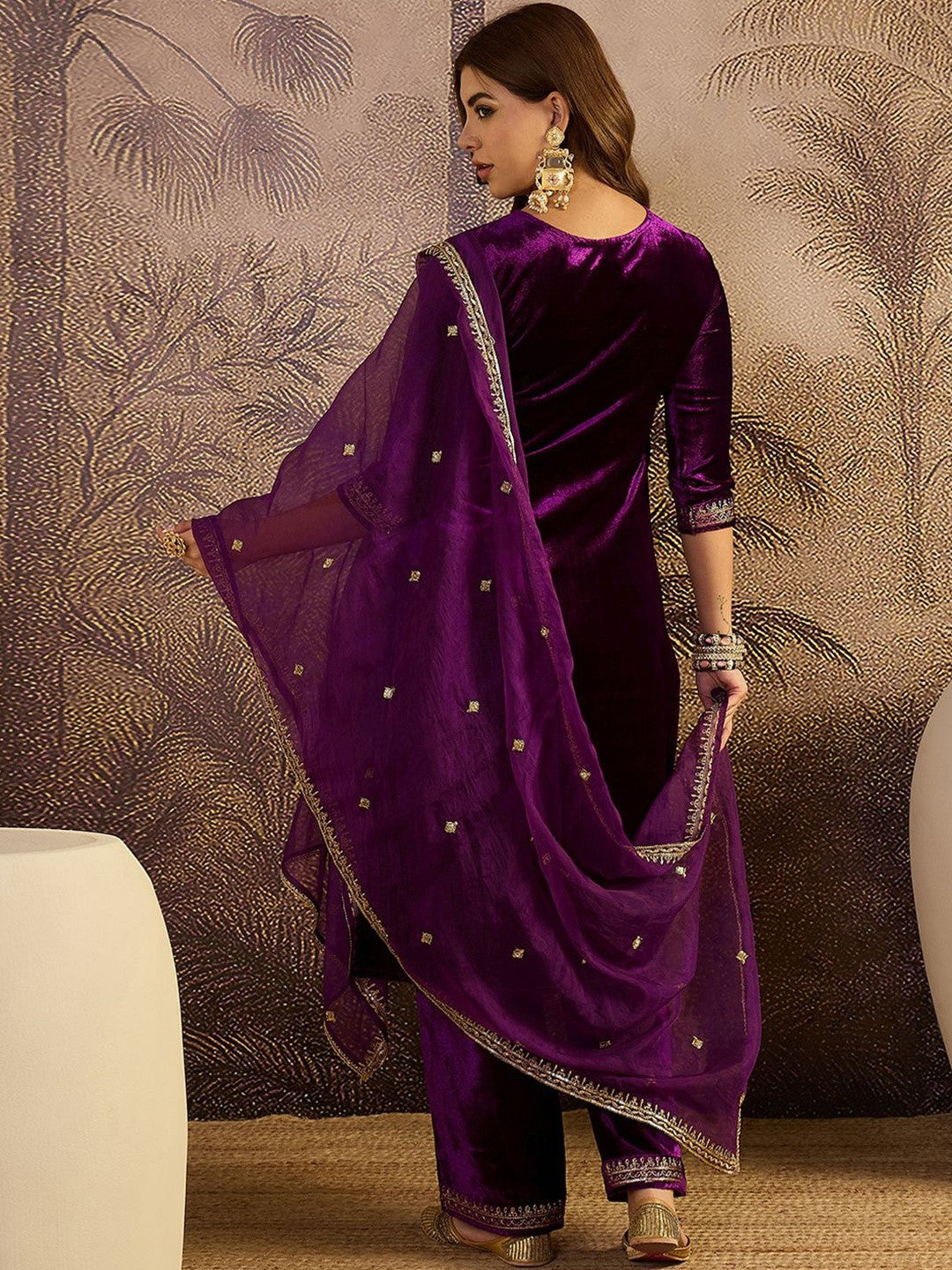 Zari Sequence Cording Embroidered Velvet Kurta with Trousers & Dupatta Set