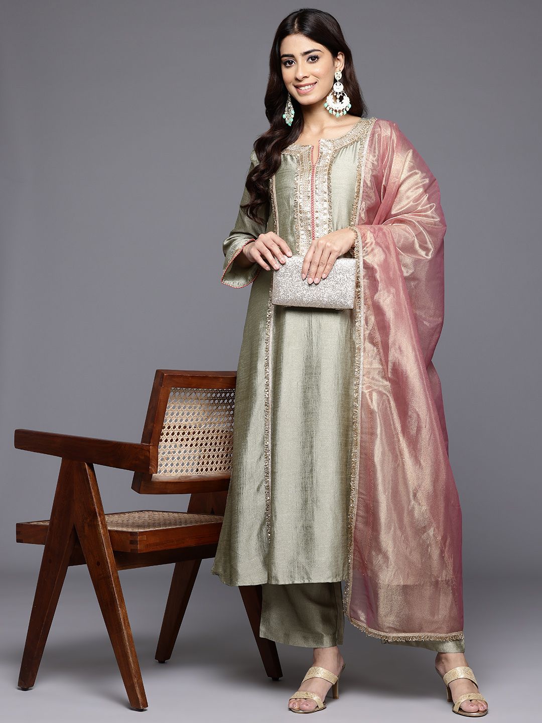 Green Floral Yoke Design Sequinned Panelled Anarkali Kurta With Palazzo & Dupatta