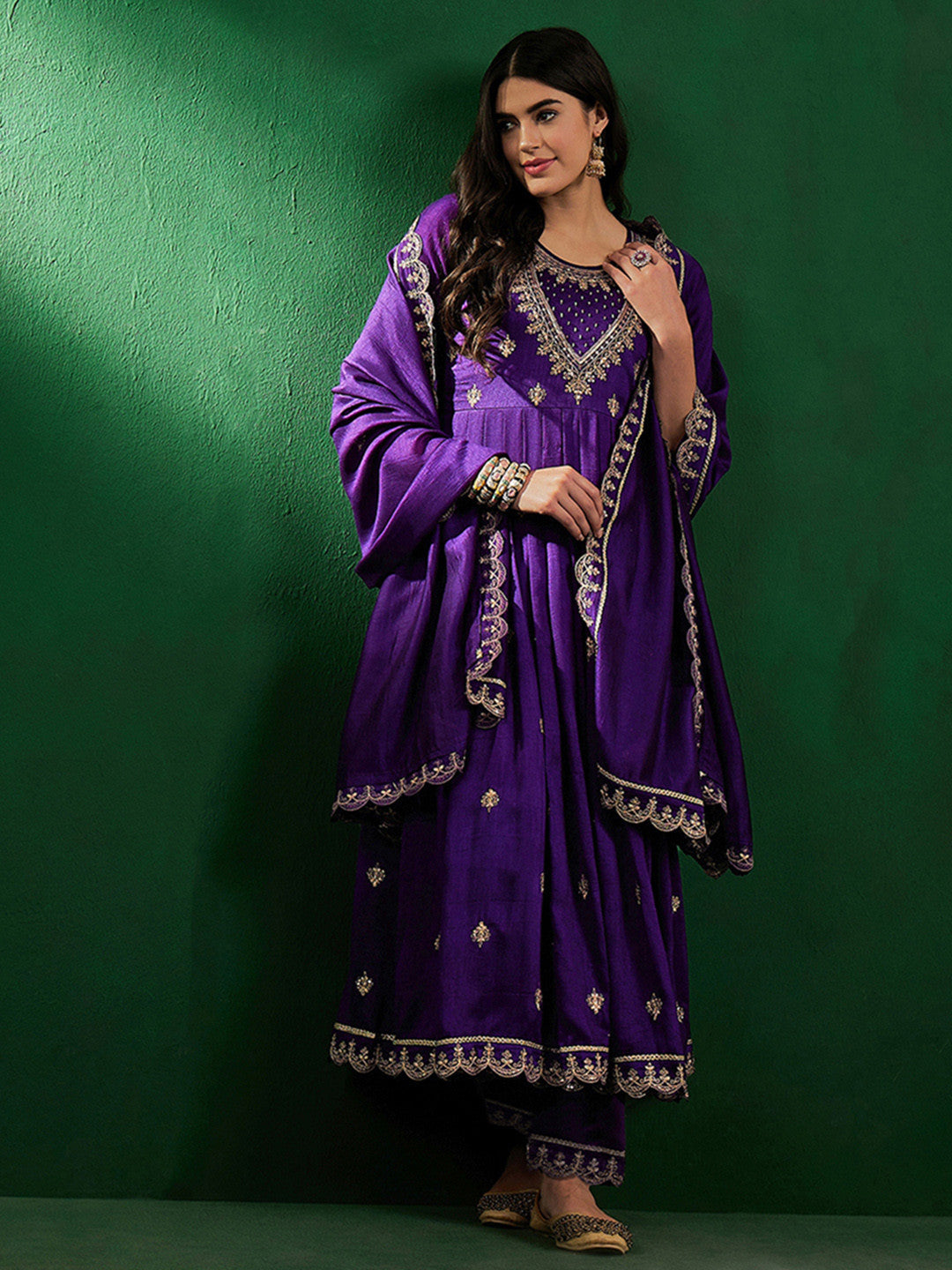 Embroidered Zardosi Zari Sequined Silk Blend A-Line Kurta With Pant & Dupatta