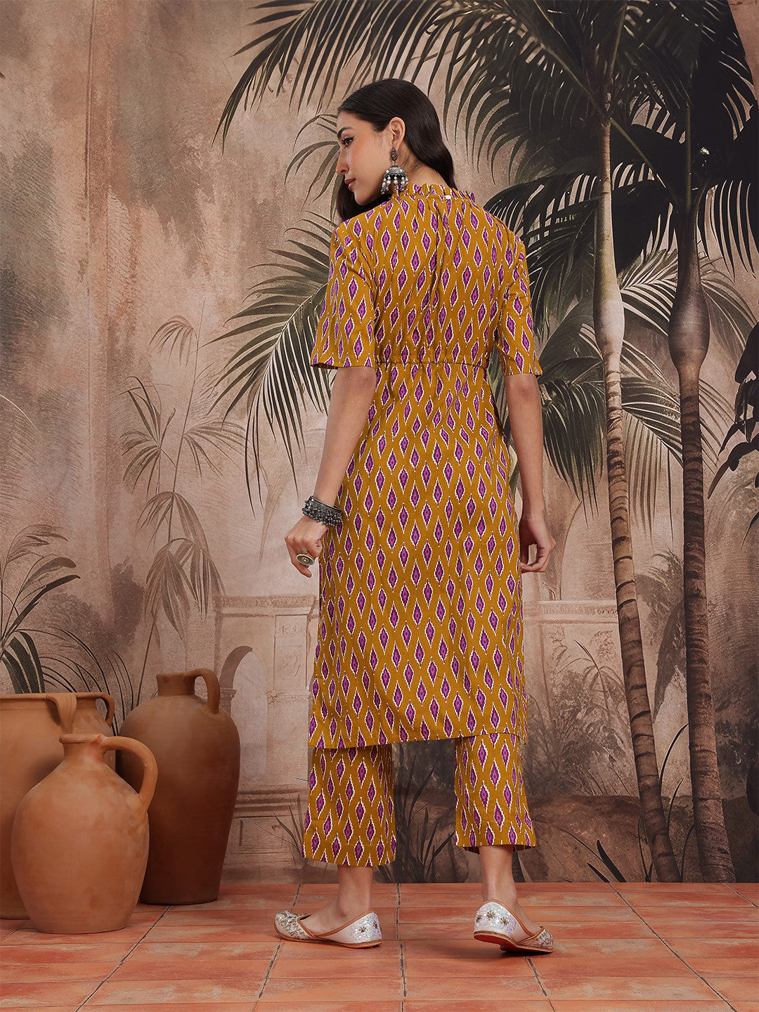 Ikat Printed Empire Style Pure Cotton Straight Kurta with Trousers