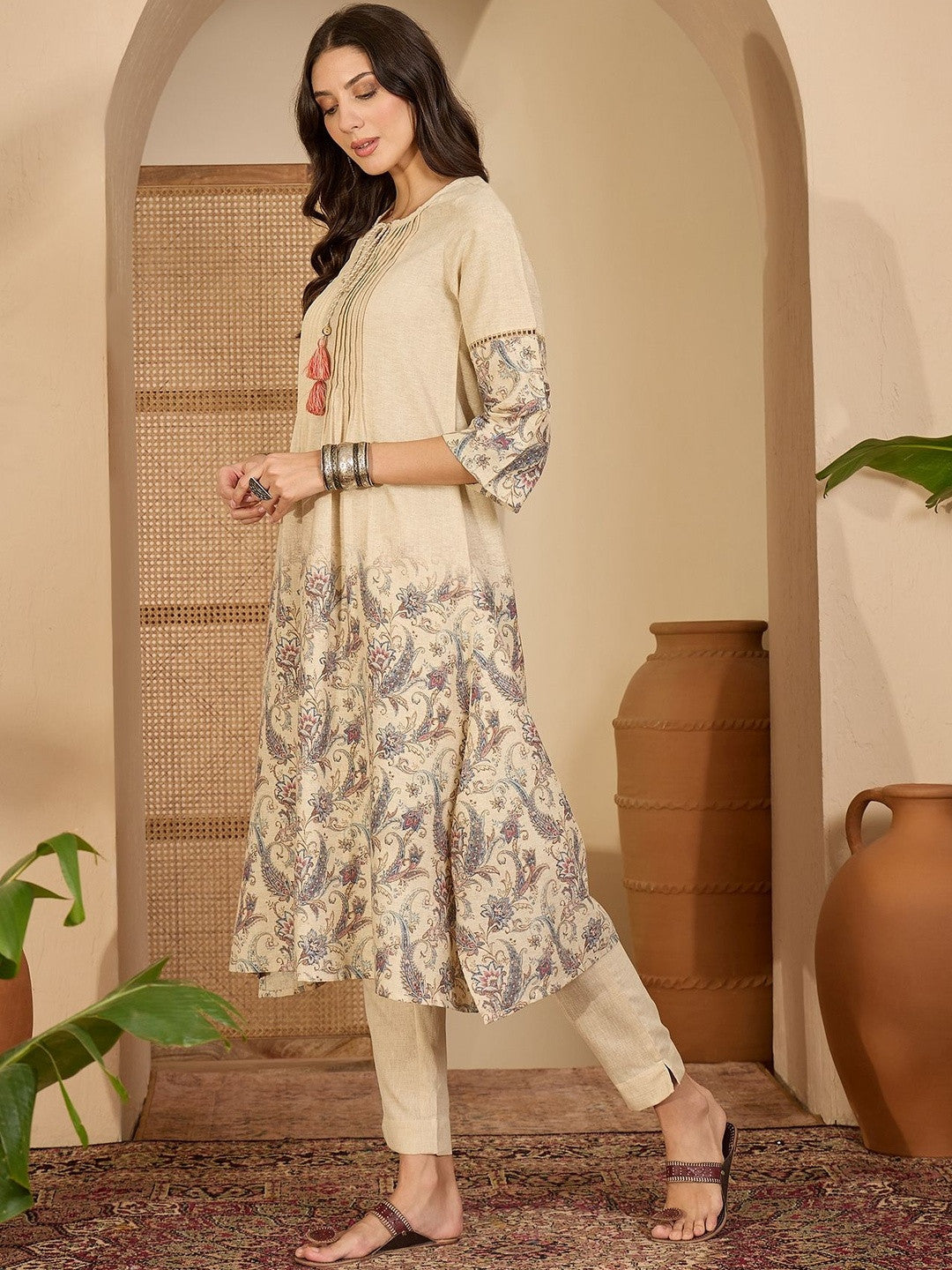 Floral Printed Round Neck A-Line Kurta & Trousers