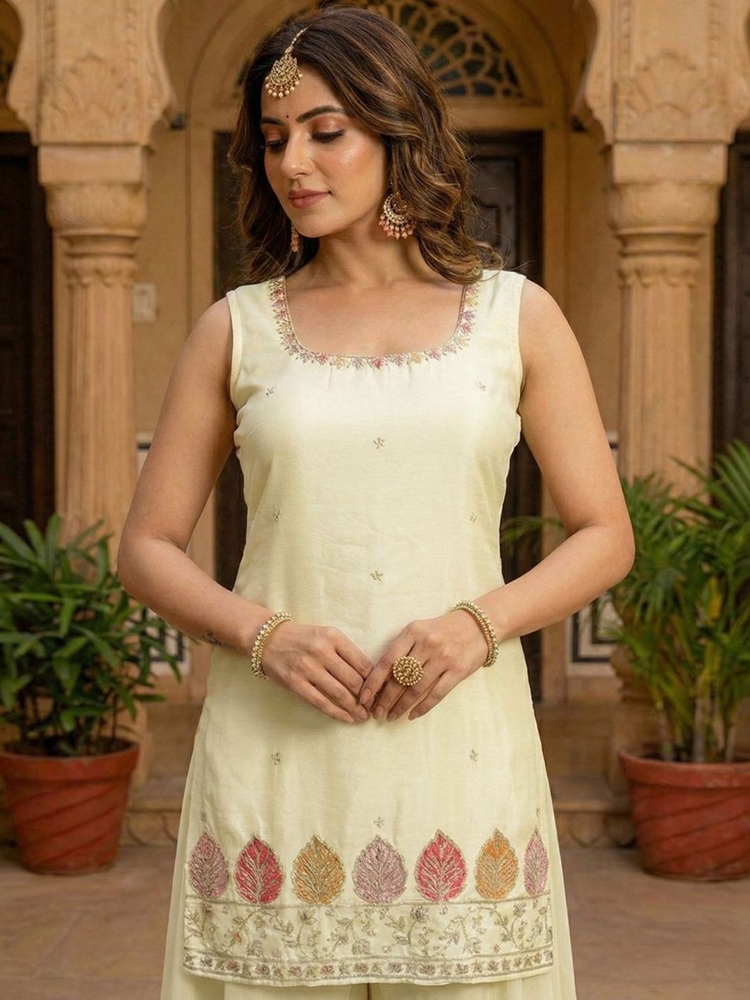 Dhiyona SN Embroidered Square Neck Kurta Palazzos & Dupatta