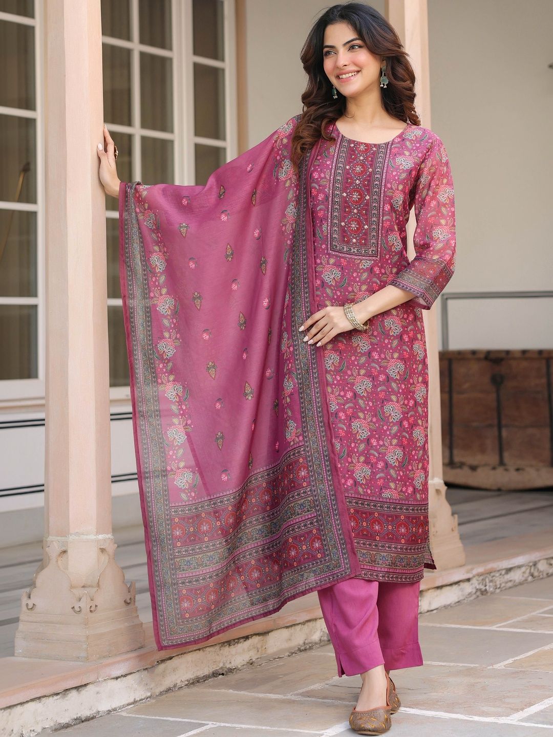 Dhiyona RR Women's Ethnic Motifs Printed Regular Sequinned Chanderi Cotton Kurta with Trousers & With