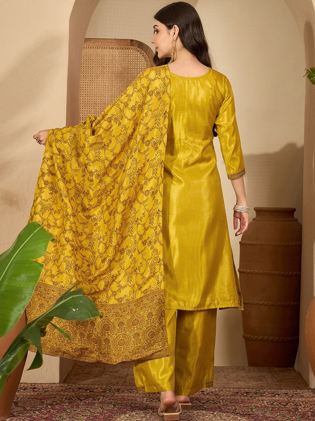 Zari Sequence Thread Embroidered Kurta With Trousers & Dupatta