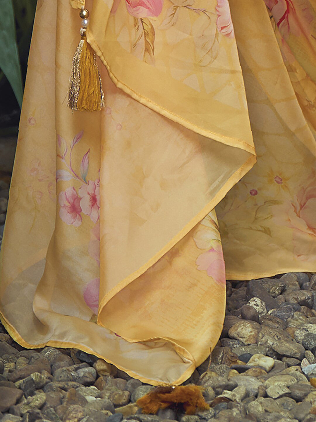 Yellow Yoke Design Thread Work Pure Cotton Kurta With Trousers & Dupatta