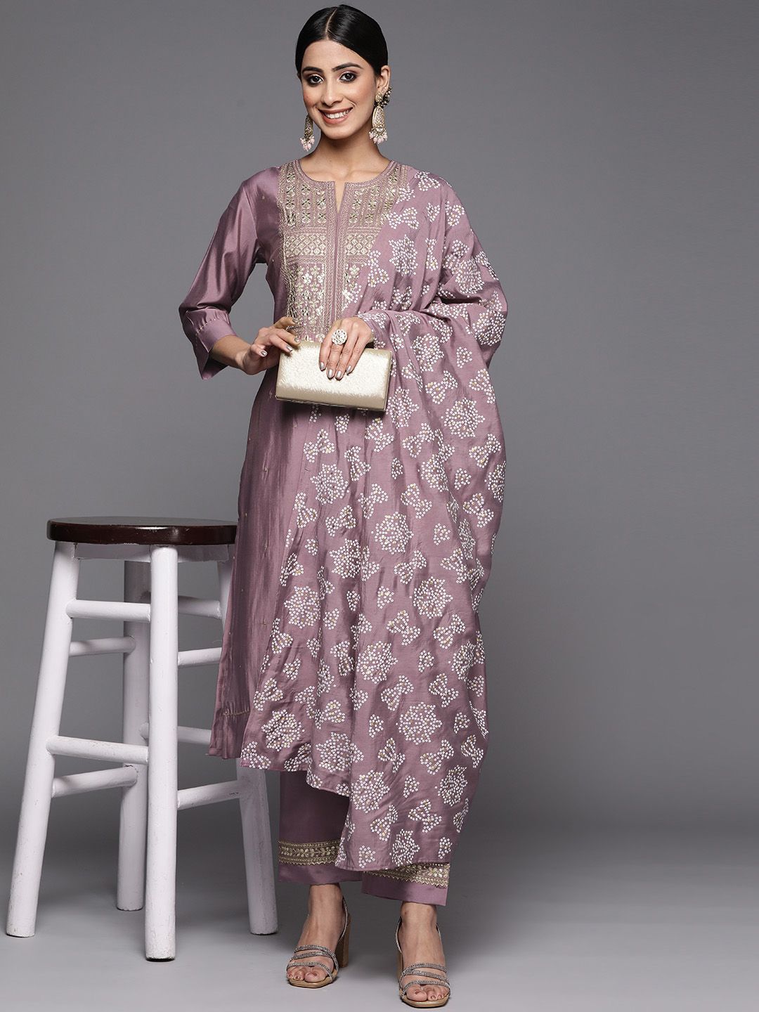 Dhiyona VA Women's Mauve Ethnic Motifs Gotta Patti Kurta with Trousers & With Dupatta