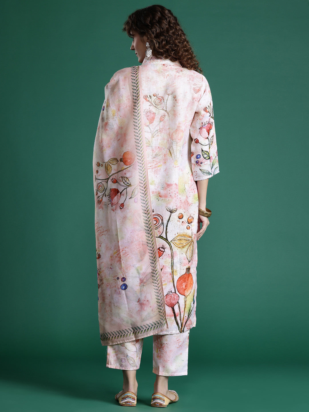 Floral Printed Beads & Stones Chanderi Silk Kurta With Trousers & Dupatta