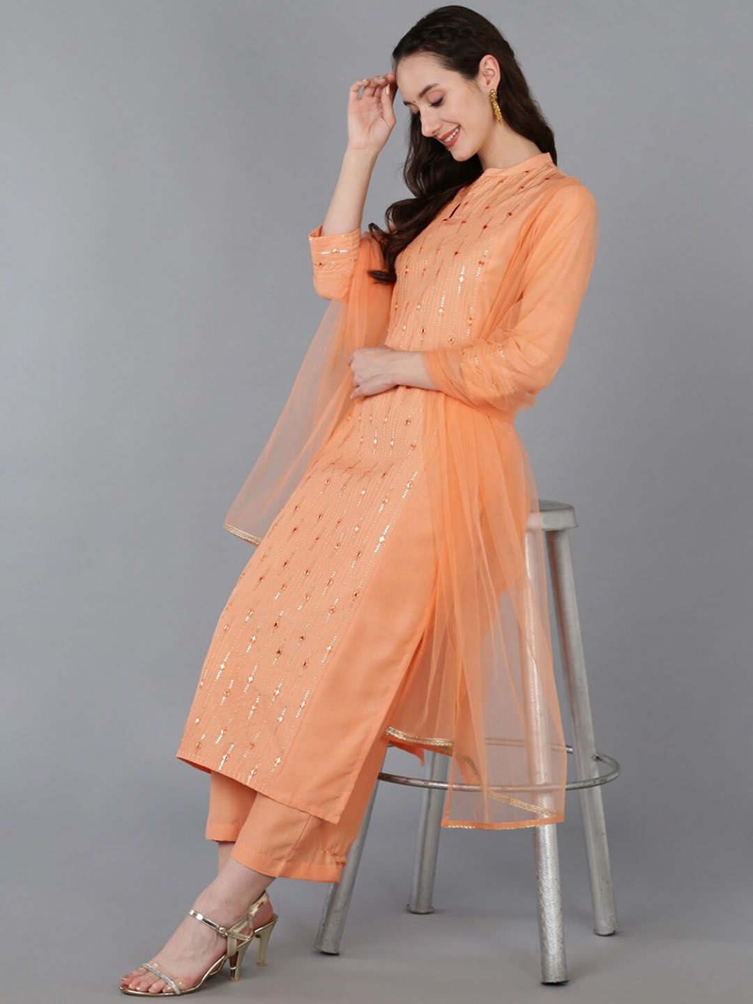 Dhiyona KL Ethnic Motifs Embroidered Regular Mirror Work Kurta With Palazzos & Dupatta