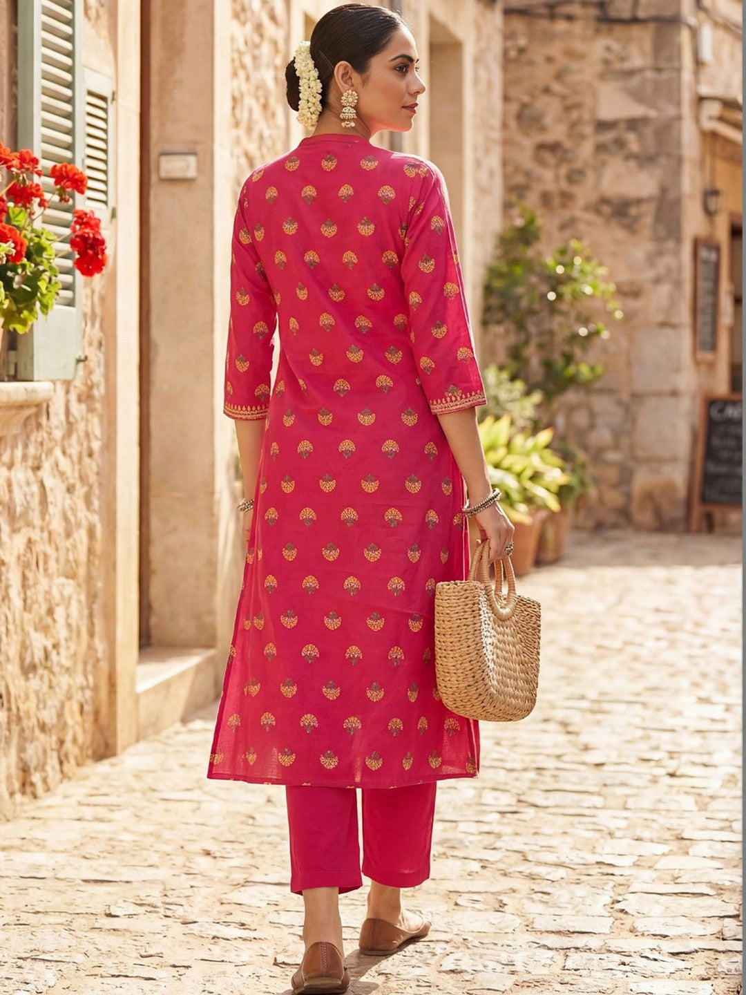 Women Ethnic Motifs Printed Regular Thread Work Pure Cotton Kurta with Trousers