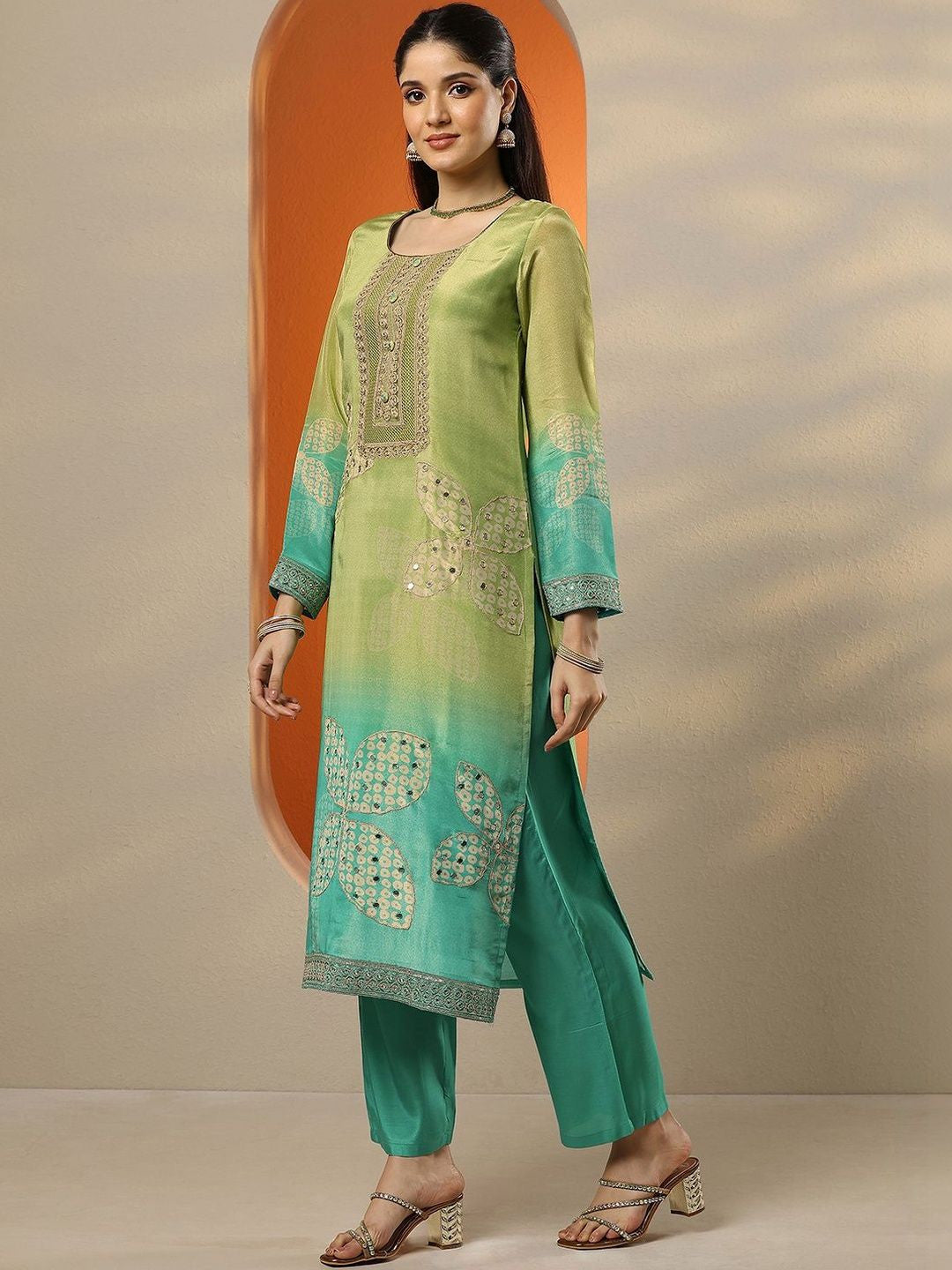 Women Ombre Dyed Regular Mirror Work Silk Crepe Kurta with Trousers & With Dupatta